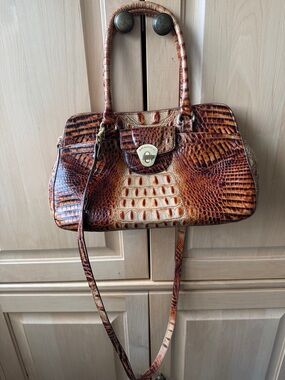 Brahmin Cognac Croc-Embossed Leather Tote with Gold Hardware